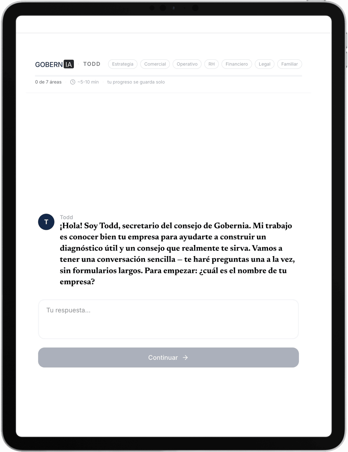 Todd, el Secretario del Consejo de Gobernia, dando la bienvenida y haciendo la primera pregunta del onboarding en un iPad